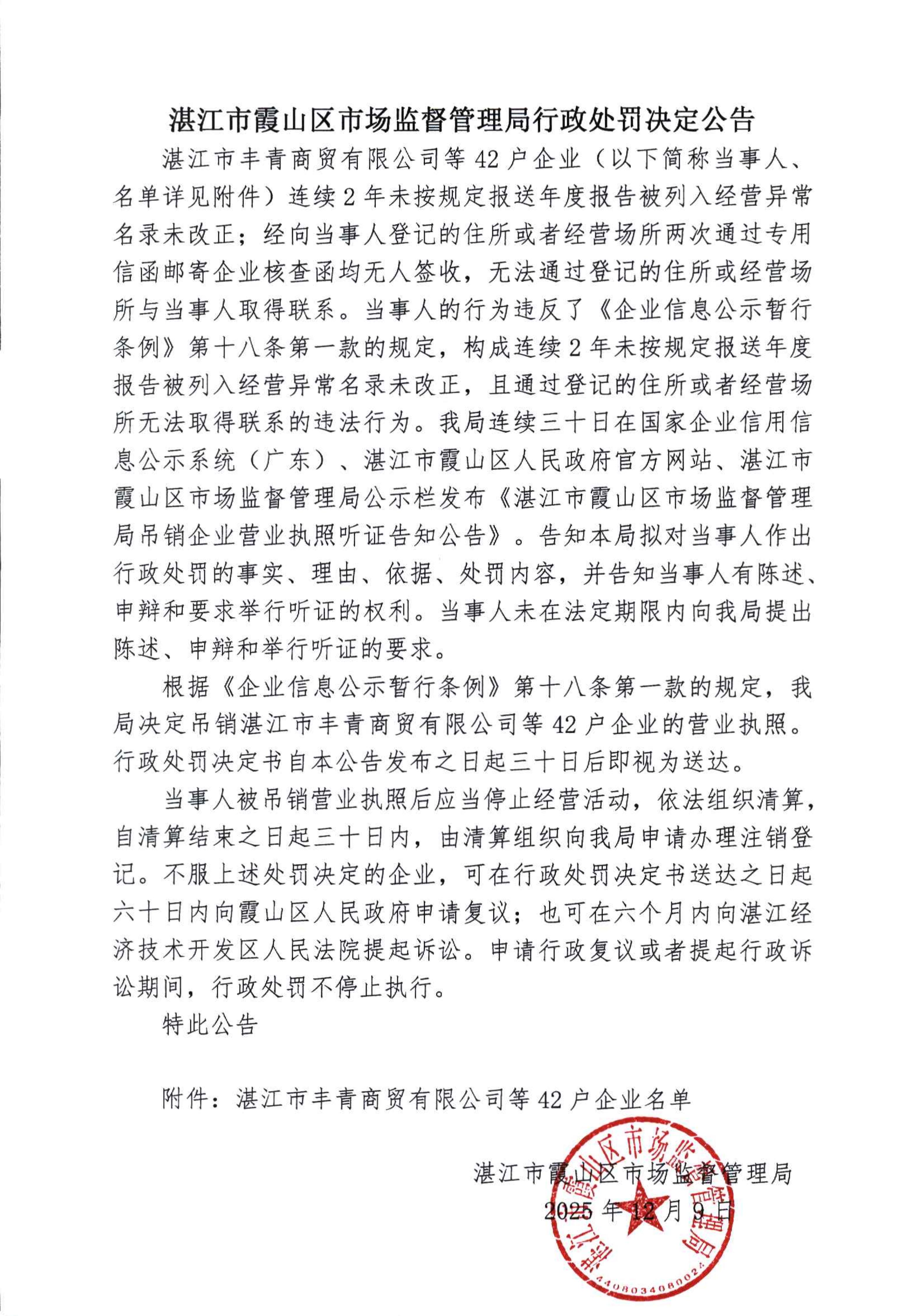 (湛江市丰青商贸有限公司等42户企业)湛江市霞山区市场监督管理局行政处罚决定公告_01.jpg